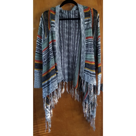 Poof! Sweaters - Striped Sweater Cardigan with Fringed Hem
